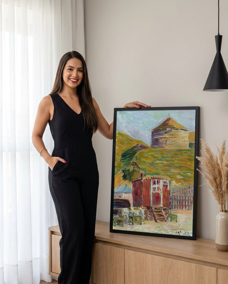 Quadro Decorativo Carroções de Ciganos - Paul Signac com modelo em ambiente