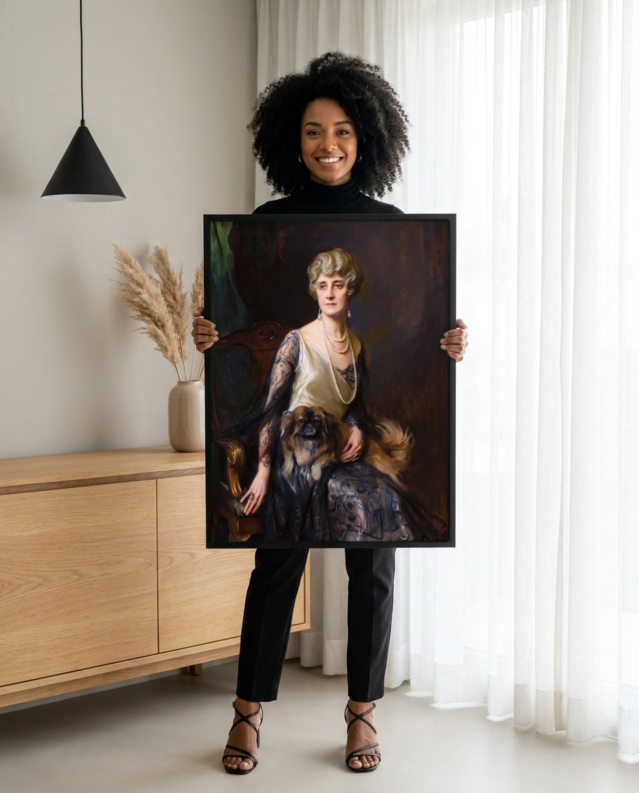 Quadro Decorativo Senhora com Pequinês - Philip Alexius de László com modelo em ambiente