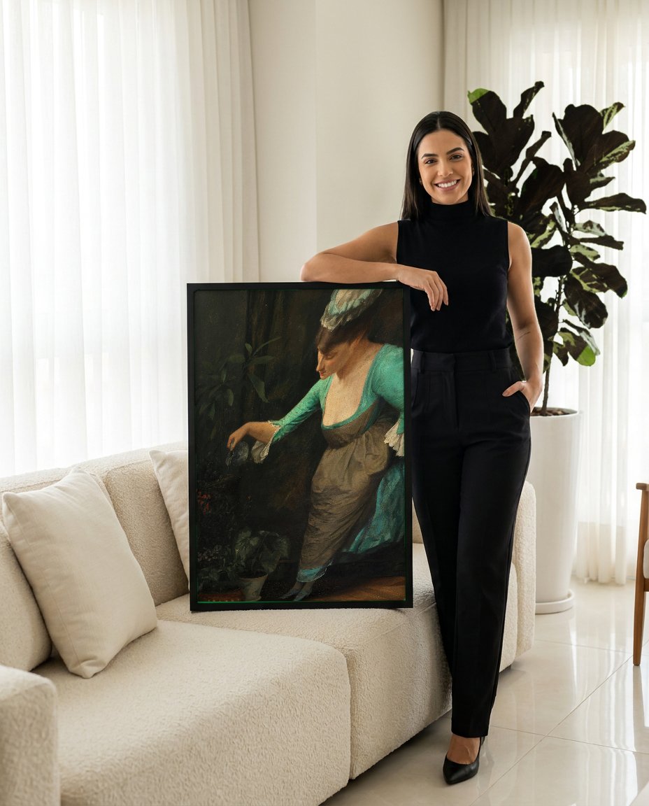 Quadro Decorativo A Regadora - Theodoros Rall com modelo em ambiente