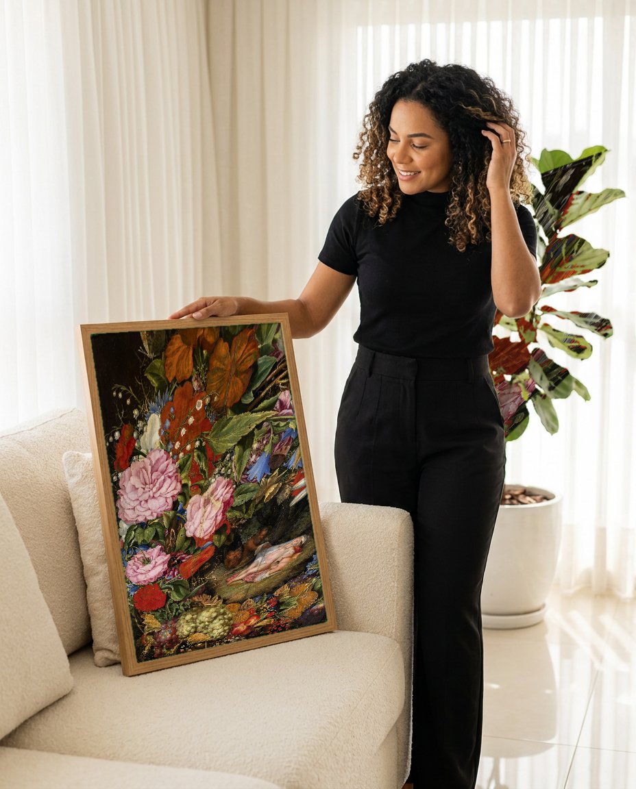 Quadro Decorativo A Grinalda de Frutas - Rubens com modelo em ambiente