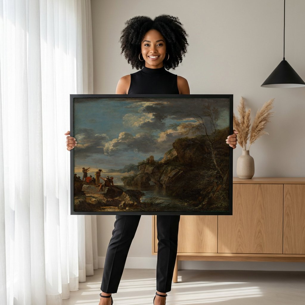 Quadro Decorativo Paisagem com Figuras - Salvator Rosa com modelo em ambiente