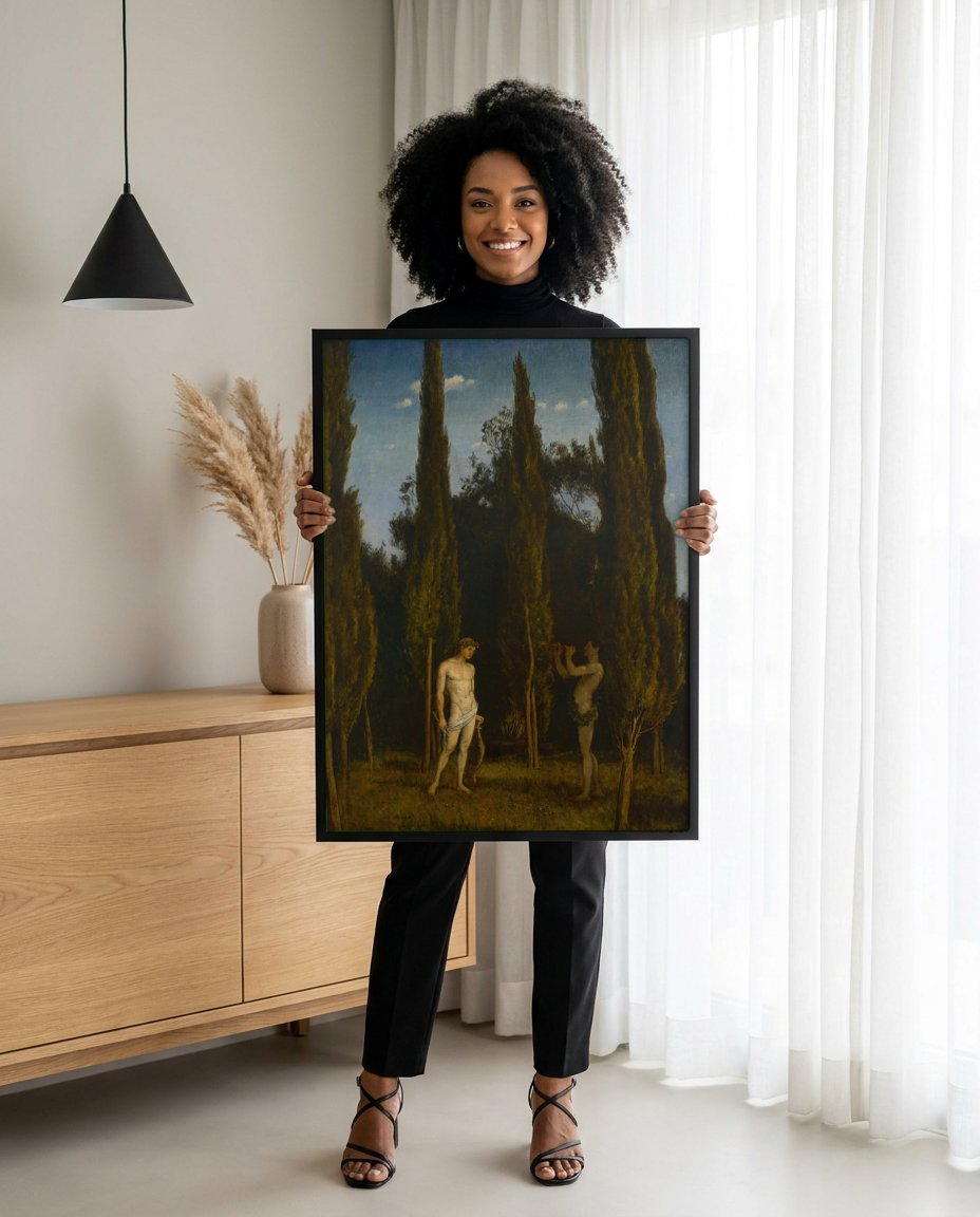 Quadro Decorativo Apolo e Mársias - Hans Thoma com modelo em ambiente