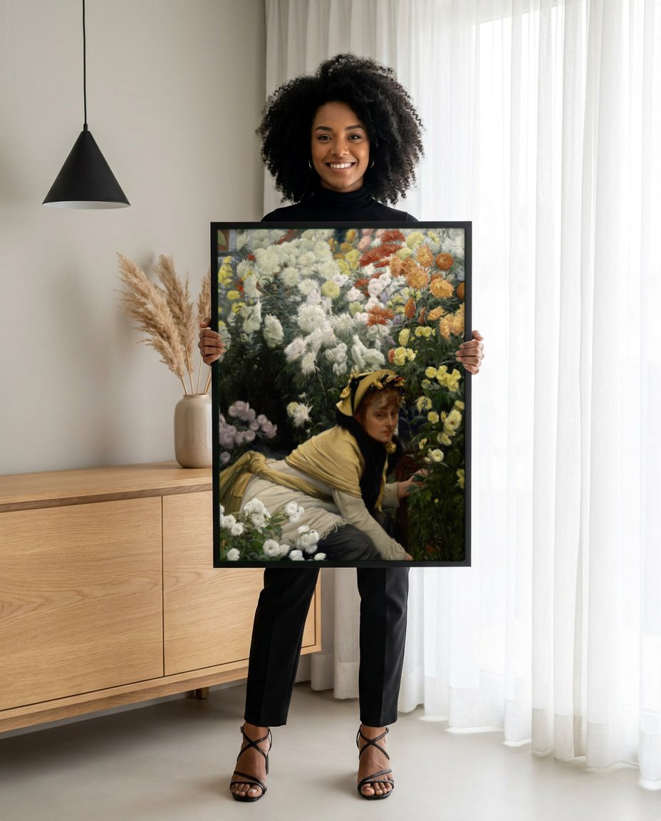 Quadro Decorativo Chrysanthemums - James Tissot com modelo em ambiente