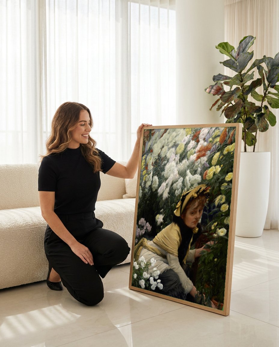 Quadro Decorativo Chrysanthemums - James Tissot com modelo em ambiente