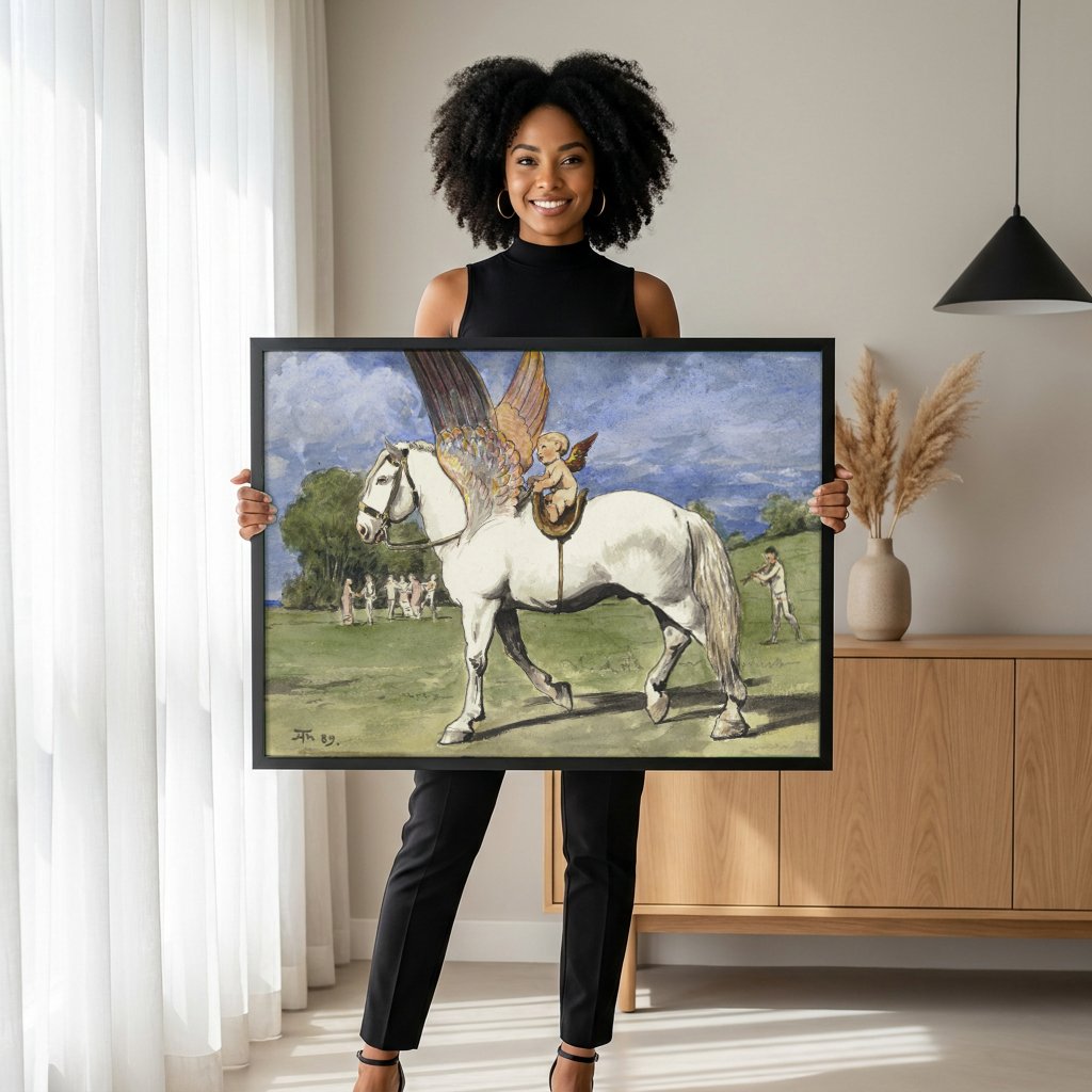 Quadro Decorativo Pégaso e Cupido - Hans Thoma com modelo em ambiente