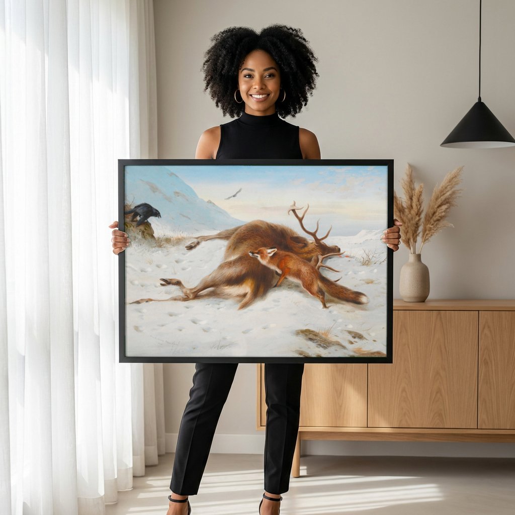 Quadro Decorativo A Raposa e os Cervos - Thorburn com modelo em ambiente