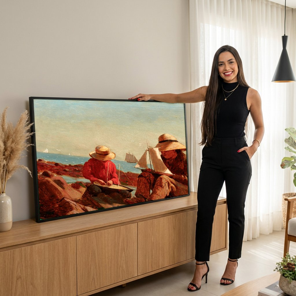 Quadro Decorativo Brincando com Barcos - Winslow Homer com modelo em ambiente