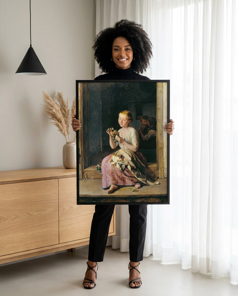 Quadro Decorativo A Grinalda de Flores - Waldmüller com modelo em ambiente