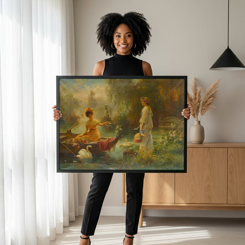 Quadro Decorativo A Oferta Gentil - Hans Zatzka com modelo em ambiente