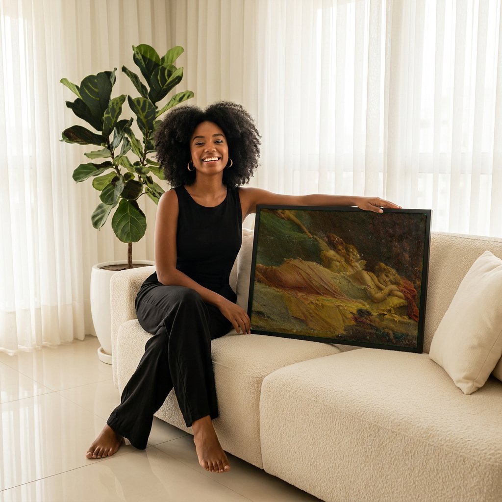 Quadro Decorativo Sonho Romântico - Hans Zatzka com modelo em ambiente