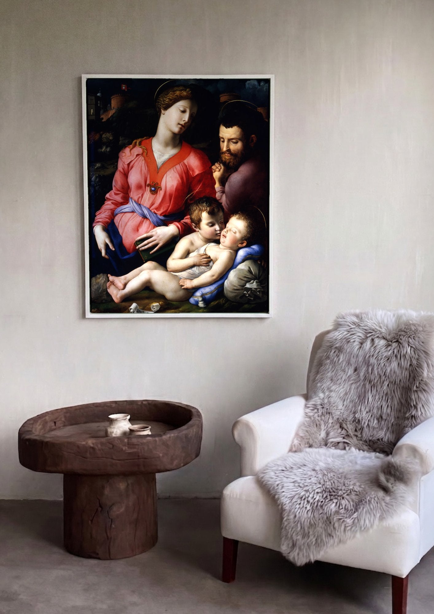 Quadro Decorativo Sagrada Família com São João Batista - Bronzino em ambiente decorado