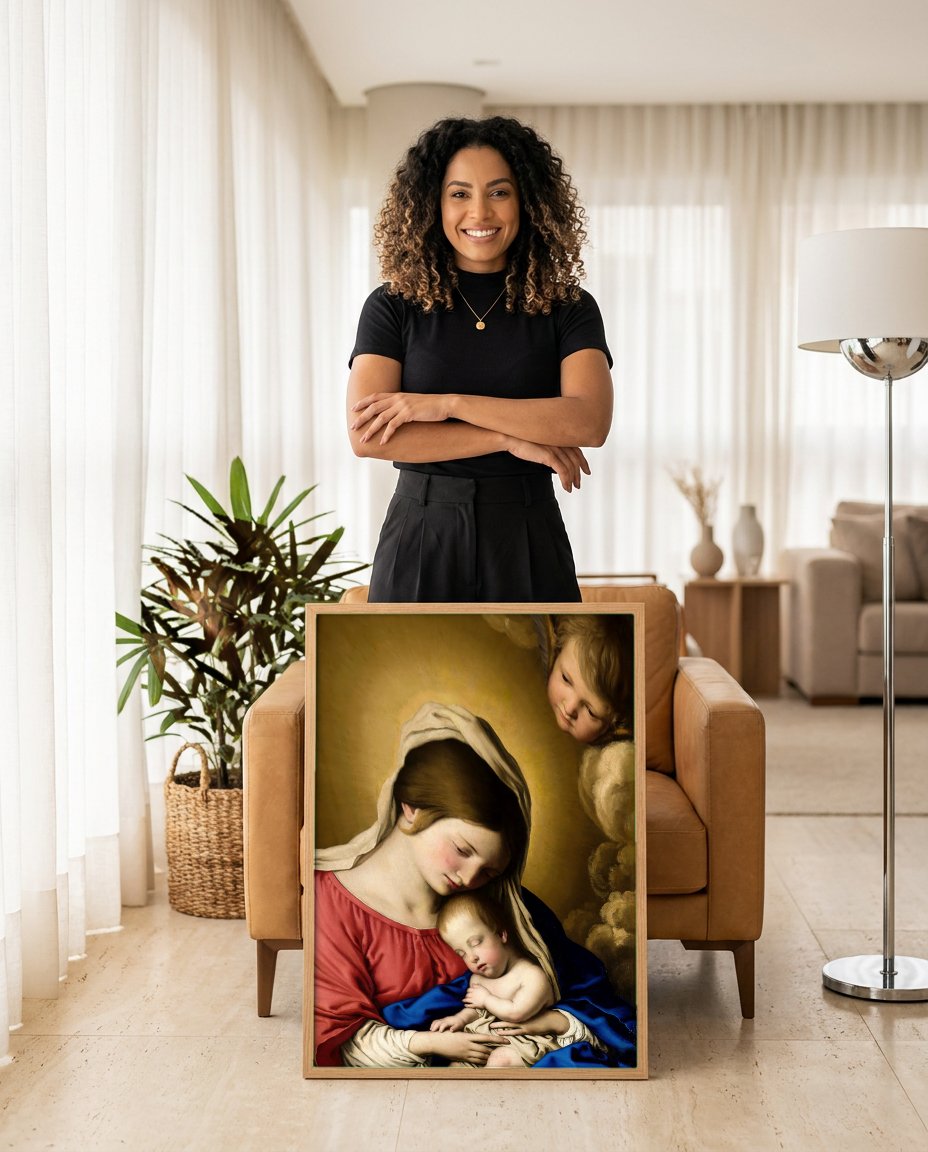 Quadro Decorativo A Virgem e o Menino - Sassoferrato com modelo em ambiente