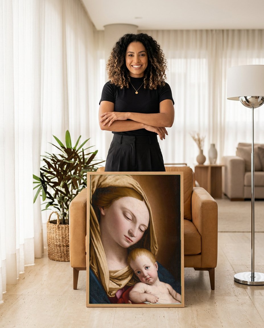 Quadro Decorativo A Virgem e o Menino - Sassoferrato com modelo em ambiente