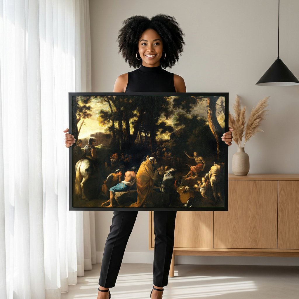 Quadro Decorativo Pregação no Deserto - Salvator Rosa com modelo em ambiente