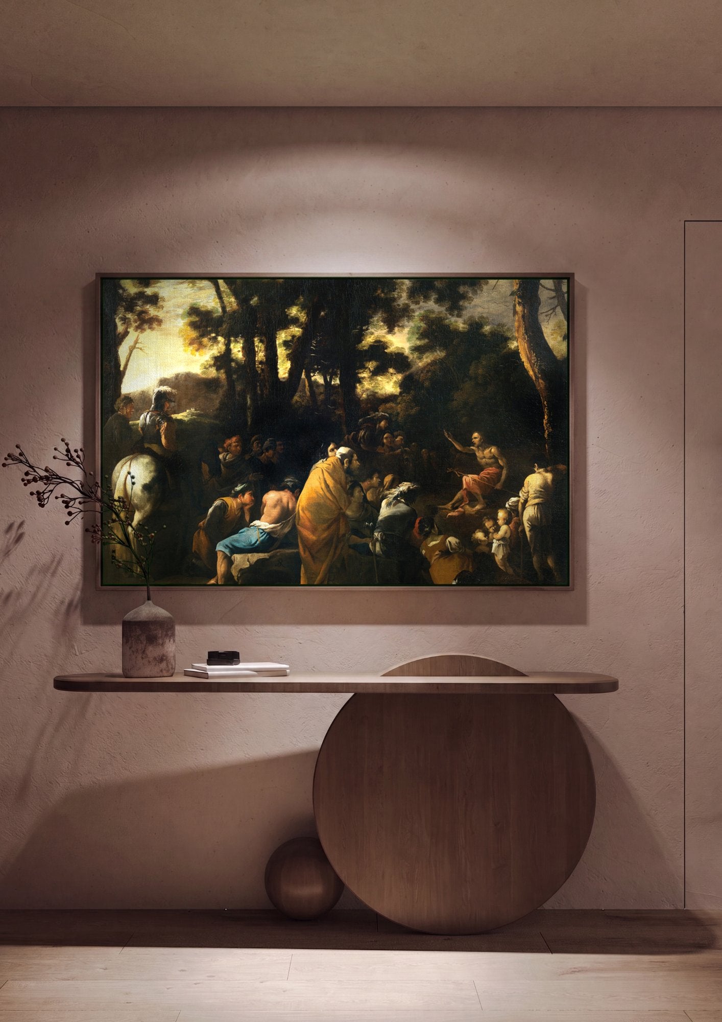 Quadro Decorativo Pregação no Deserto - Salvator Rosa em ambiente decorado