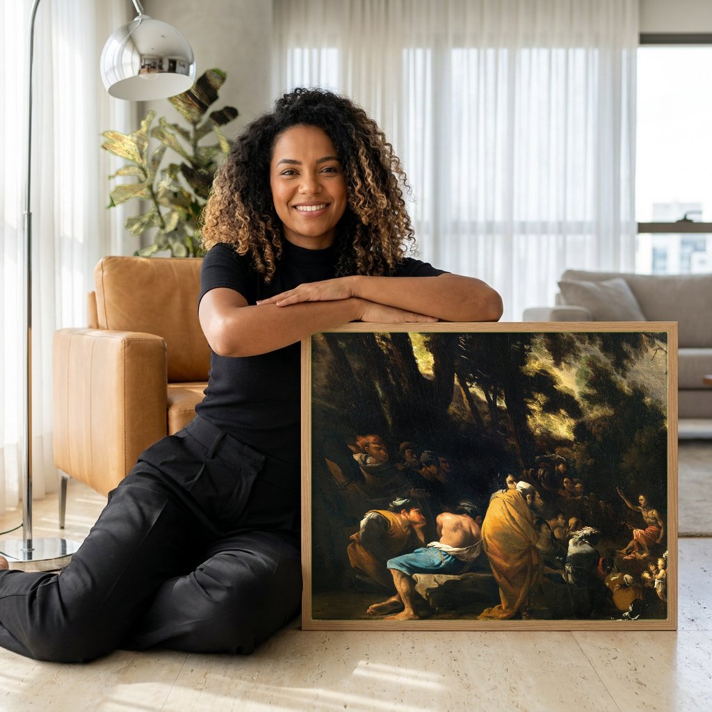 Quadro Decorativo Pregação no Deserto - Salvator Rosa com modelo em ambiente