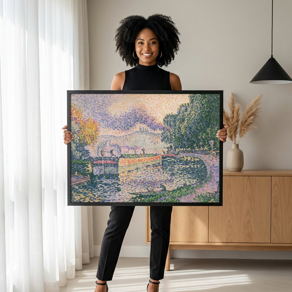 Quadro Decorativo Canal em Veneux-les-Sablons - Paul Signac com modelo em ambiente