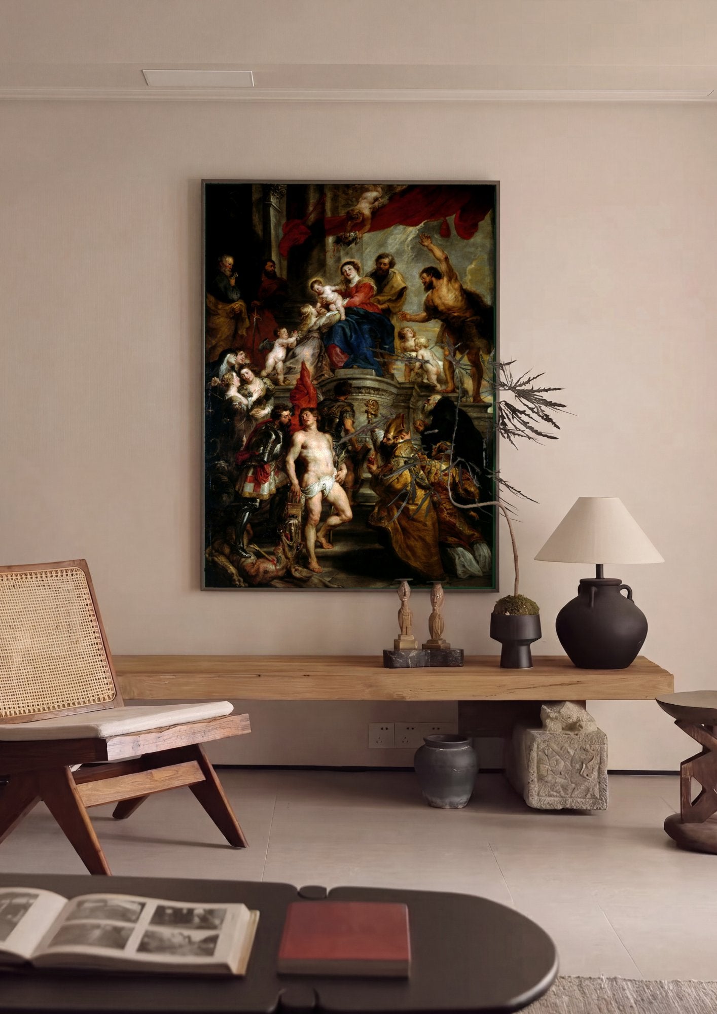 Quadro Decorativo A Família Sacra com São João Batista - Rubens em ambiente decorado