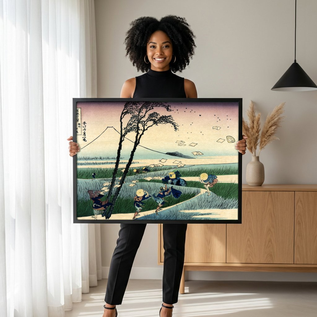 Quadro Decorativo A Tempestade - Hokusai com modelo em ambiente