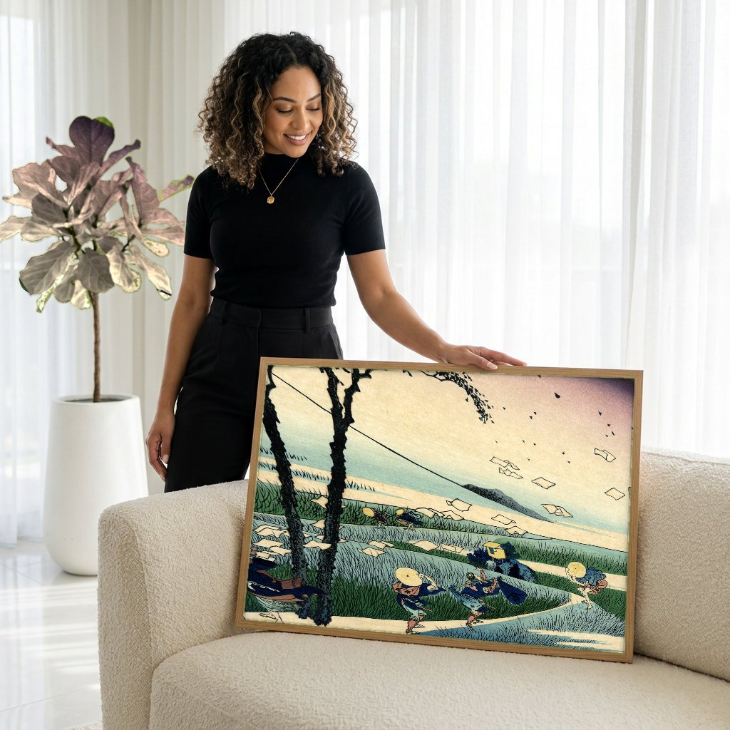 Quadro Decorativo A Tempestade - Hokusai com modelo em ambiente