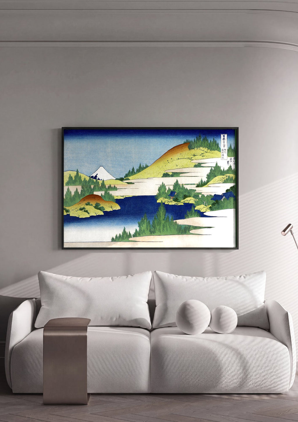 Quadro Decorativo Lago Hakone - Hokusai em ambiente decorado