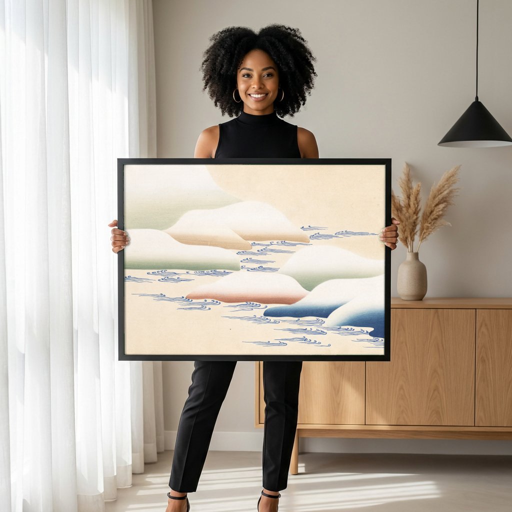 Quadro Decorativo Ondas e Nuvens - Kamisaka Sekka com modelo em ambiente