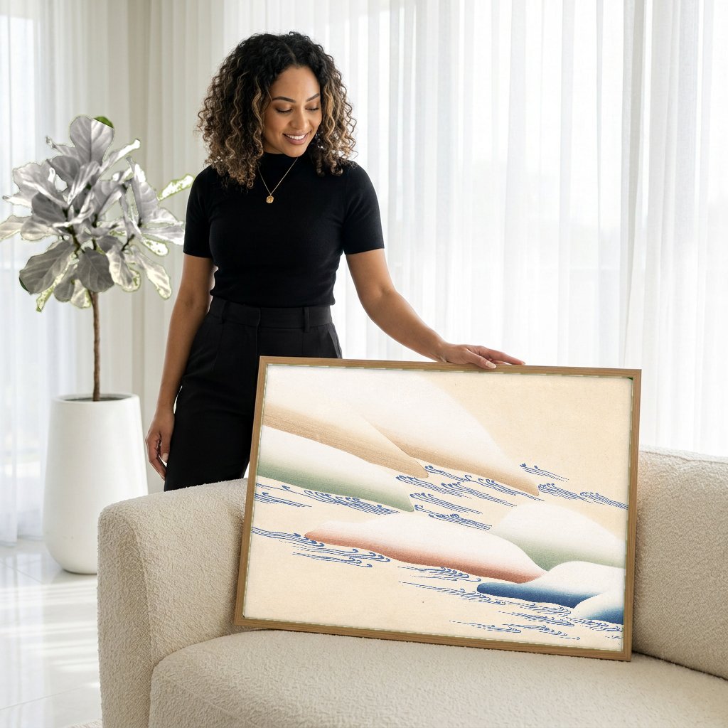 Quadro Decorativo Ondas e Nuvens - Kamisaka Sekka com modelo em ambiente