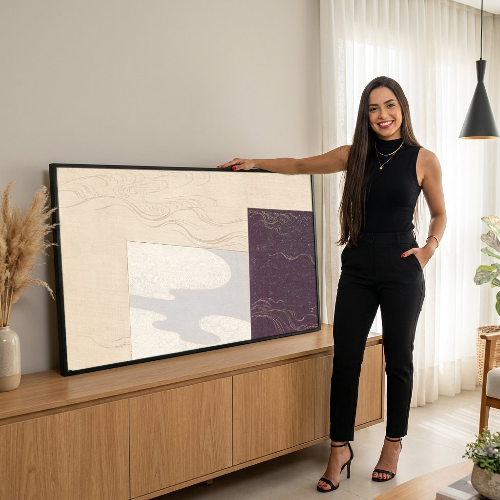 Quadro Decorativo Nuvens e Ondas - Kamisaka Sekka com modelo em ambiente