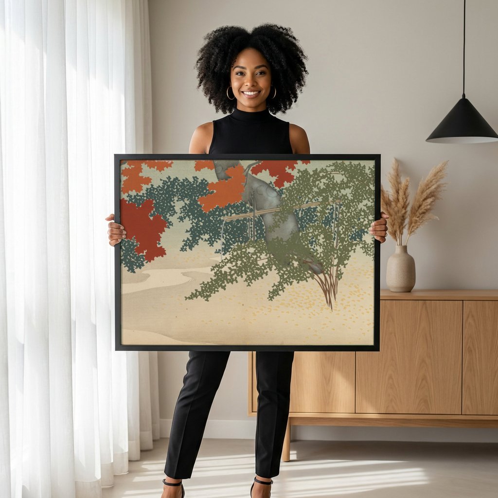 Quadro Decorativo Outono Japonês - Kamisaka Sekka com modelo em ambiente