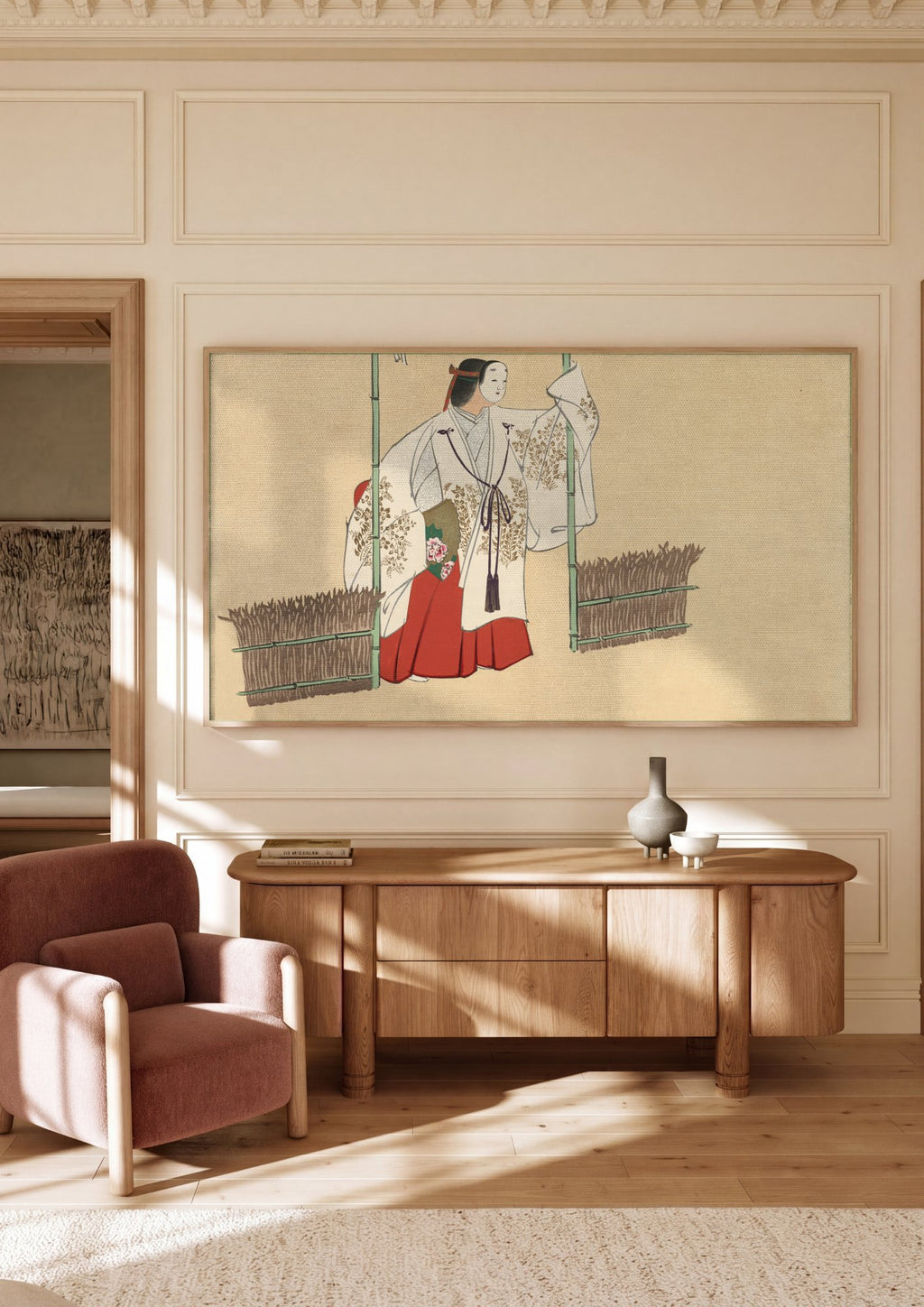 Quadro Decorativo Máscara de Noh - Kamisaka Sekka em ambiente decorado