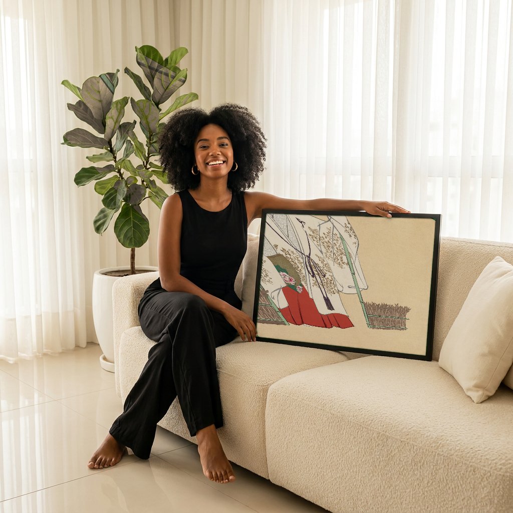 Quadro Decorativo Máscara de Noh - Kamisaka Sekka com modelo em ambiente
