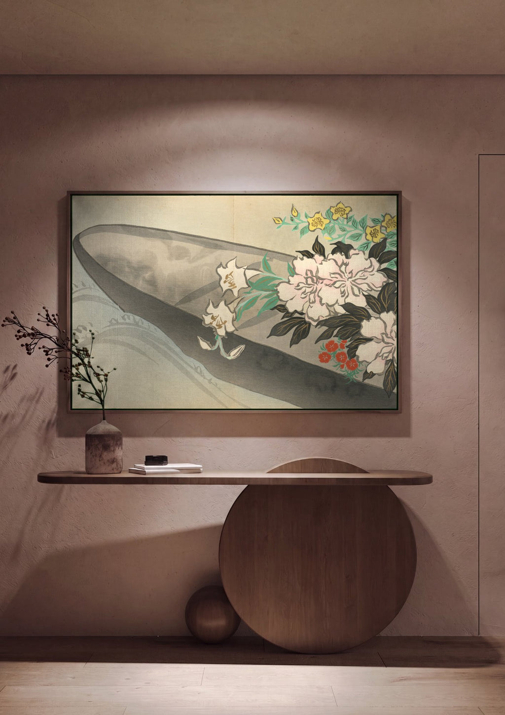 Quadro Decorativo Flores e Barco - Kamisaka Sekka em ambiente decorado