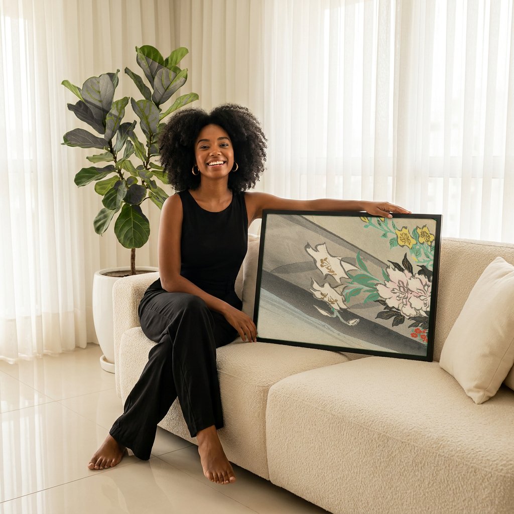 Quadro Decorativo Flores e Barco - Kamisaka Sekka com modelo em ambiente