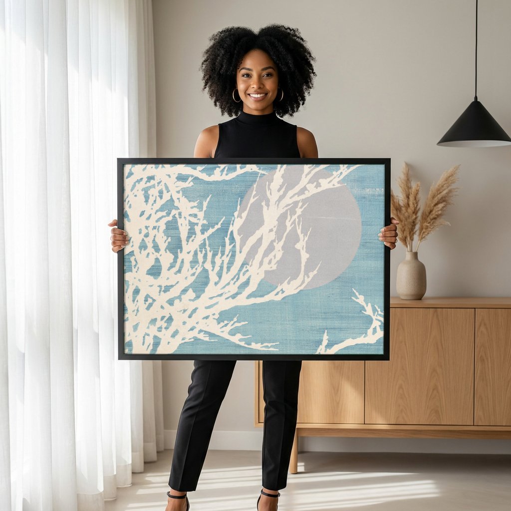 Quadro Decorativo Galhos ao Luar - Kamisaka Sekka com modelo em ambiente