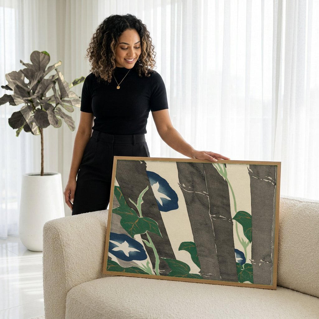 Quadro Decorativo Flores e Bambu - Kamisaka Sekka com modelo em ambiente