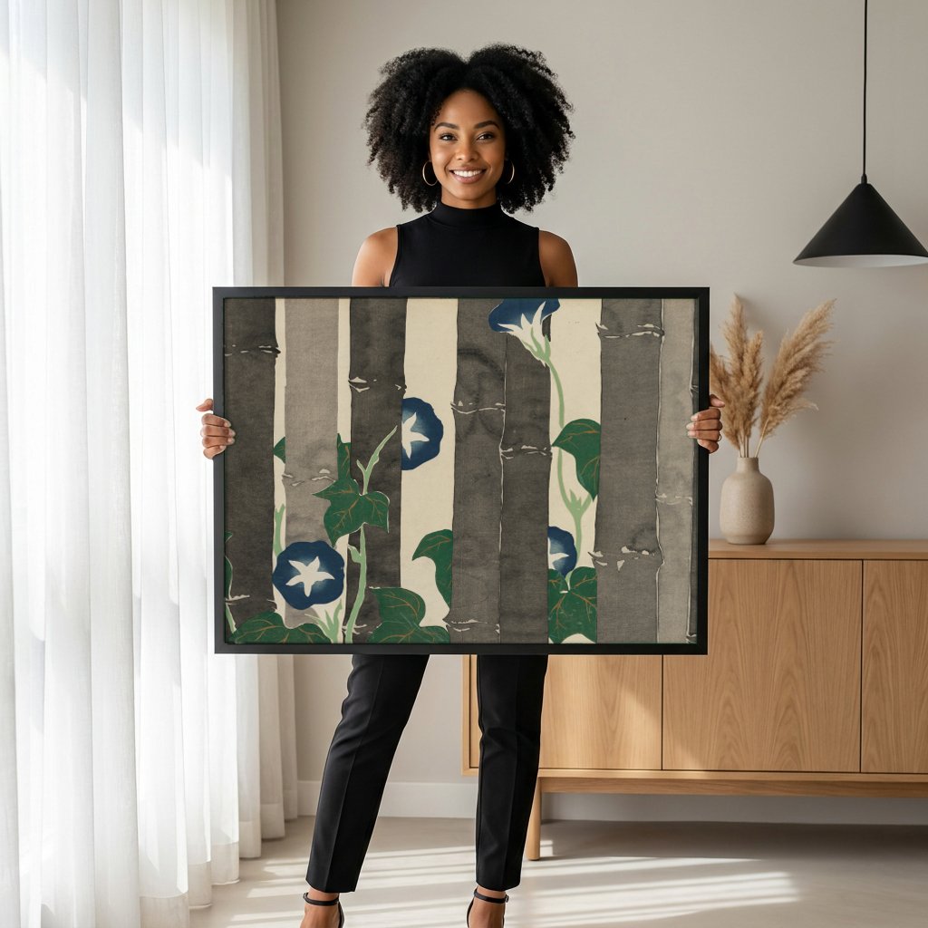 Quadro Decorativo Flores e Bambu - Kamisaka Sekka com modelo em ambiente