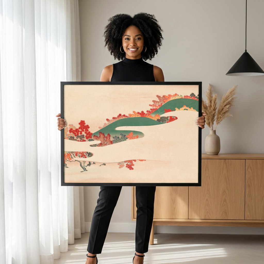 Quadro Decorativo Outono Japonês - Kamisaka Sekka com modelo em ambiente