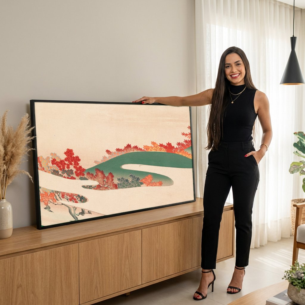 Quadro Decorativo Outono Japonês - Kamisaka Sekka com modelo em ambiente