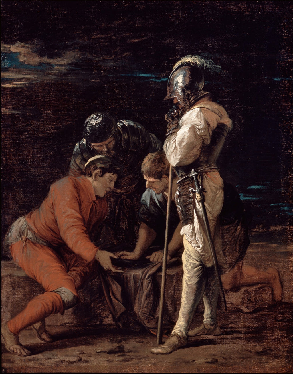 Quadro 'A Roda da Fortuna' de Salvator Rosa, mostrando quatro figuras masculinas em torno de uma mesa, com iluminação dramática e tons escuros. Um homem de armadura observa os outros três, que parecem engajados em um jogo ou discussão.
