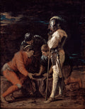 Quadro 'A Roda da Fortuna' de Salvator Rosa, mostrando quatro figuras masculinas em torno de uma mesa, com iluminação dramática e tons escuros. Um homem de armadura observa os outros três, que parecem engajados em um jogo ou discussão.