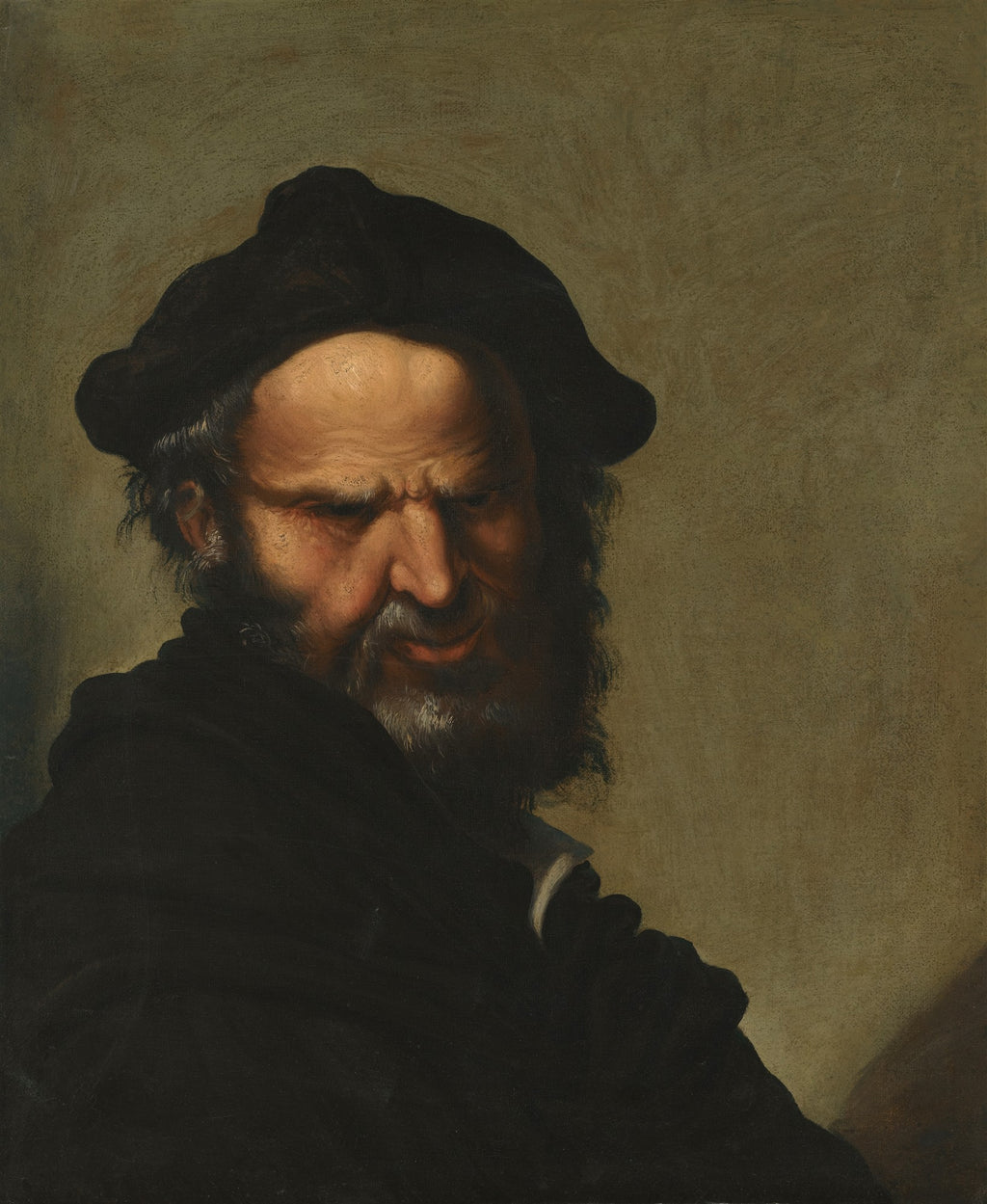 Retrato de um homem barbudo, de meia-idade, com chapéu escuro e vestes escuras, olhando para baixo com uma expressão séria e pensativa. O fundo é neutro e claro. A imagem é atribuída a Salvator Rosa.