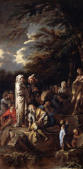 Quadro decorativo mostrando uma cena bíblica com Jesus e o povo. Jesus está à direita, com um grupo de pessoas de diversas idades e vestimentas, reunidos em um ambiente natural, com árvores escuras e um céu dramático. A iluminação é contrastada, típica do estilo barroco.