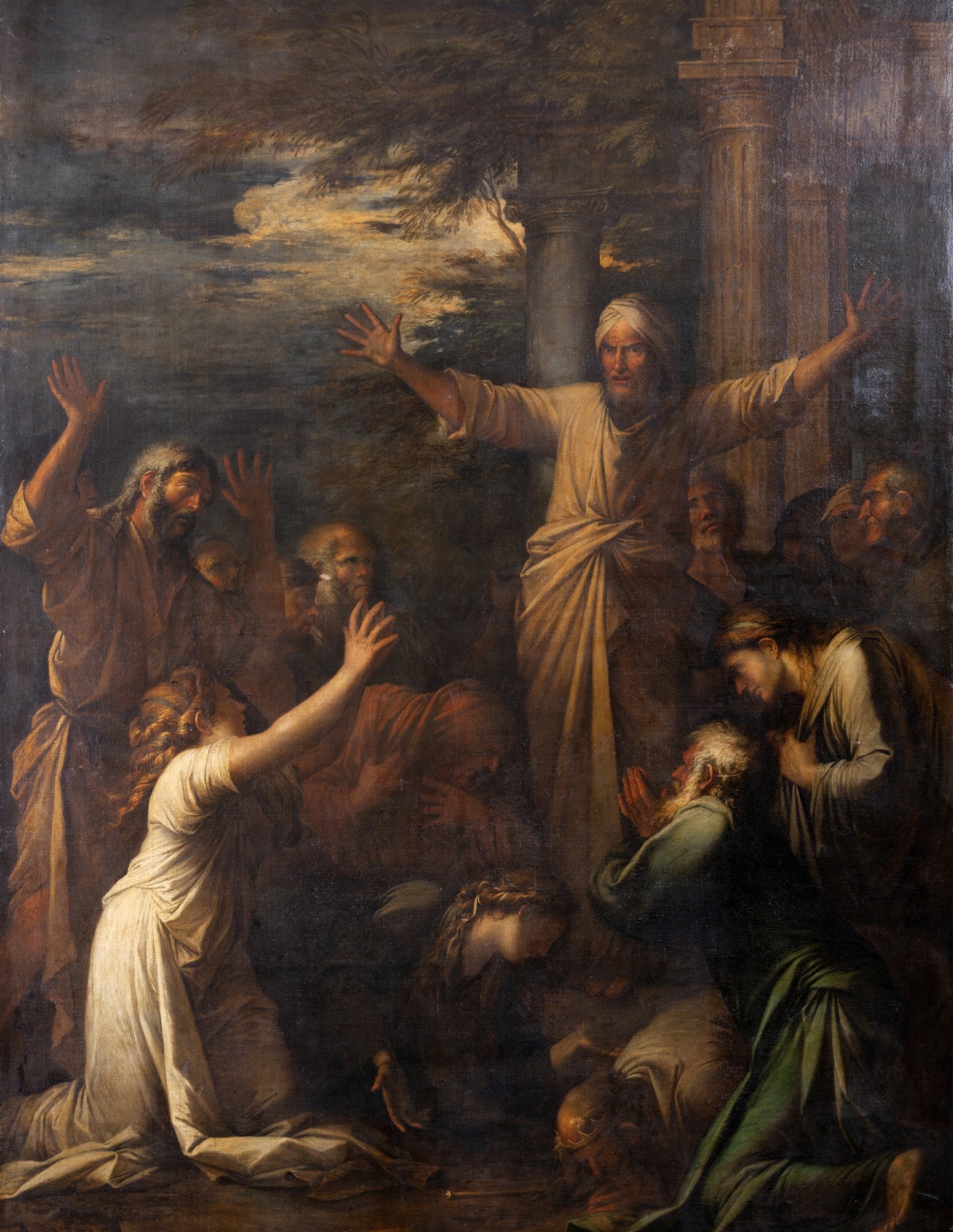 Pintura barroca de Salvator Rosa, 'A Pregação de São João Batista', mostrando São João Batista com os braços abertos pregando para uma multidão emocionada sob uma luz dramática e céu escuro.