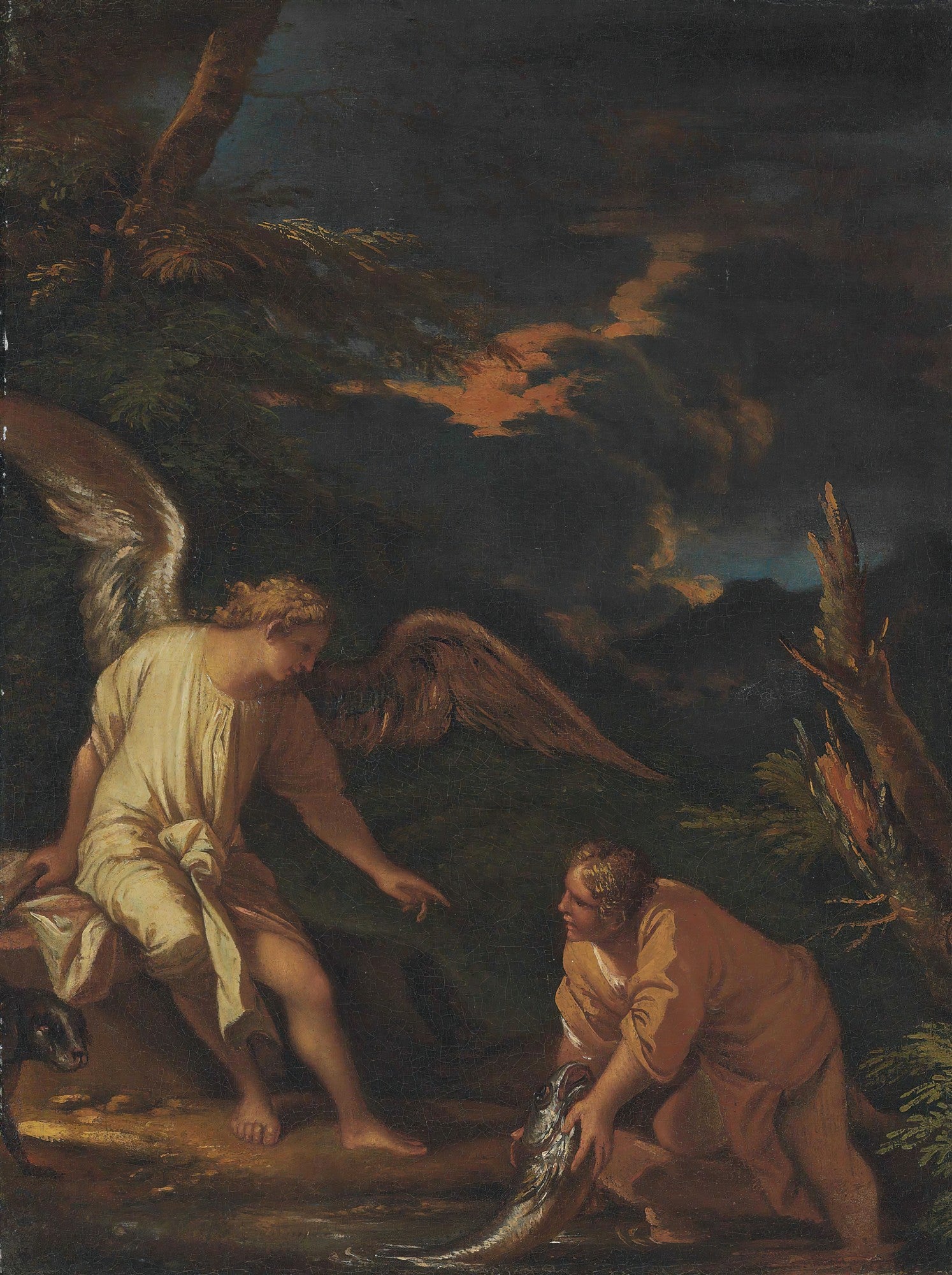 Quadro decorativo 'Tobias e o Anjo' de Salvator Rosa, mostrando um anjo com asas orientando um jovem que segura um peixe grande, em uma paisagem escura e dramática.