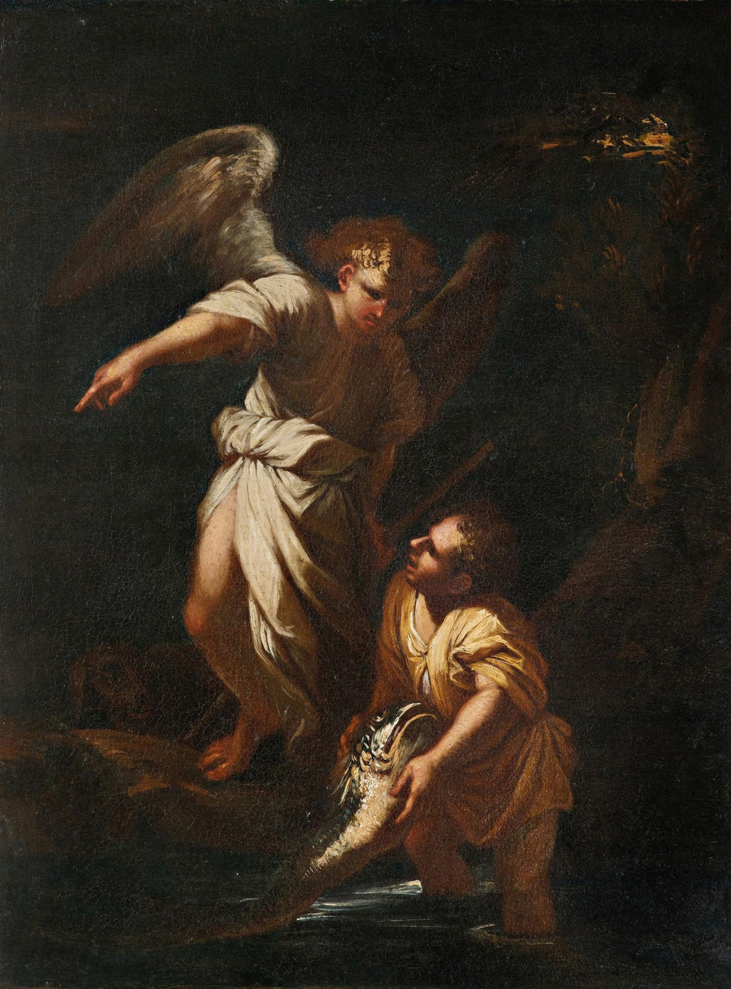 Pintura a óleo de Salvator Rosa, 'Tobias e o Anjo', representando uma figura angelical de asas brancas apontando o caminho para um jovem ajoelhado em um rio, segurando um peixe. O anjo veste uma túnica branca e o jovem, uma túnica amarela. O ambiente é escuro e dramático, com luz focada nas figuras.