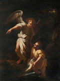 Pintura a óleo de Salvator Rosa, 'Tobias e o Anjo', representando uma figura angelical de asas brancas apontando o caminho para um jovem ajoelhado em um rio, segurando um peixe. O anjo veste uma túnica branca e o jovem, uma túnica amarela. O ambiente é escuro e dramático, com luz focada nas figuras.