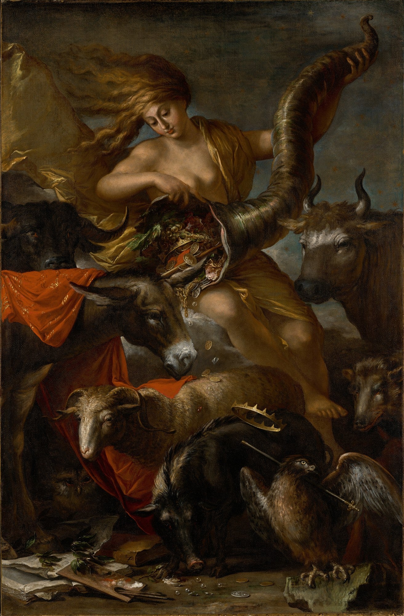 Pintura barroca de Salvator Rosa, 'A Fortuna', mostrando uma figura feminina derramando moedas e riquezas de uma cornucópia sobre animais como um boi, um burro, um carneiro, um javali e uma águia, com uma coroa e objetos de arte no chão. A imagem tem tons escuros e dramáticos.