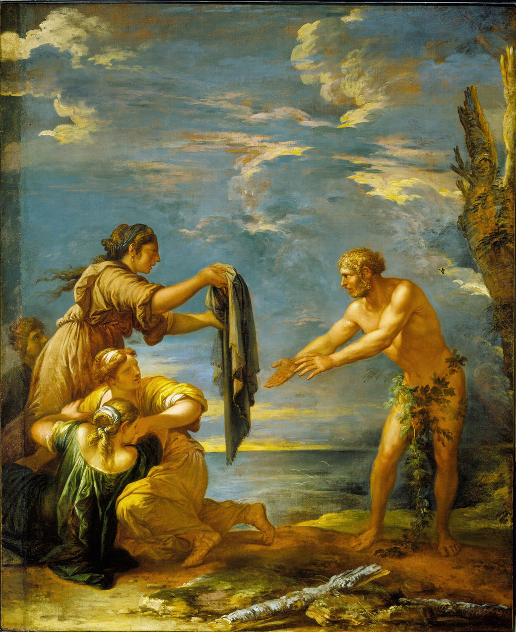 Pintura barroca de Salvator Rosa, 'A Chegada de Enéias ao Lácio', mostrando Enéias nu, estendendo os braços para figuras femininas que lhe oferecem roupas, com um céu dramático e um mar ao fundo.