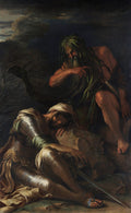 Pintura a óleo de Salvator Rosa, 'A Poesia e a Pintura', retratando um guerreiro adormecido e uma figura mítica com folhagens na cabeça, em uma cena dramática e escura.