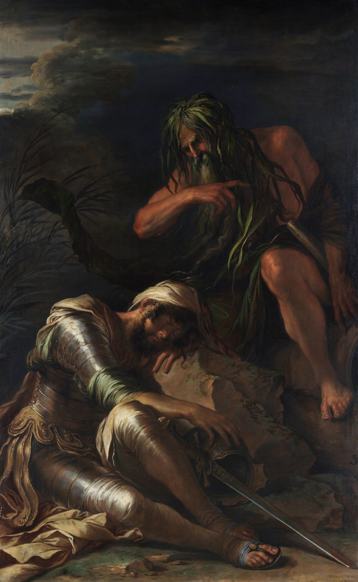 Pintura a óleo de Salvator Rosa, 'A Poesia e a Pintura', retratando um guerreiro adormecido e uma figura mítica com folhagens na cabeça, em uma cena dramática e escura.